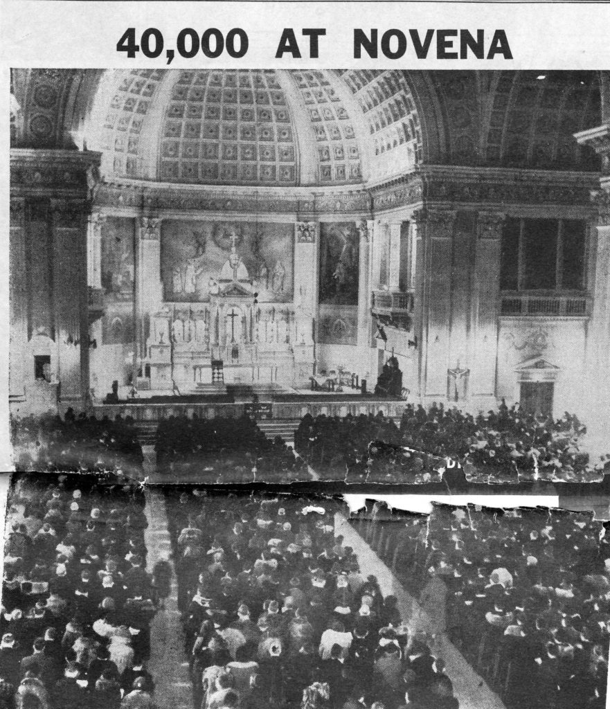 News article printed on one large page from The Chicago Herald and Examiner, March 1938, showing a photograph of the Sorrowful Mother Novena church crowd.