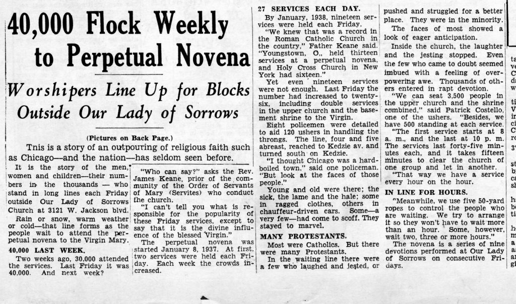 The news article that was below the photograph of the Sorrowful Mother Novena church crowd.