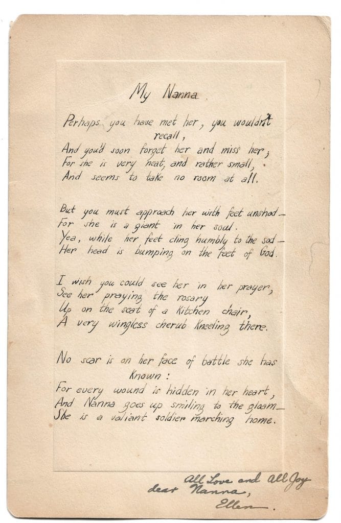 “My Nanna”, a handwritten example of Bogan’s poetry