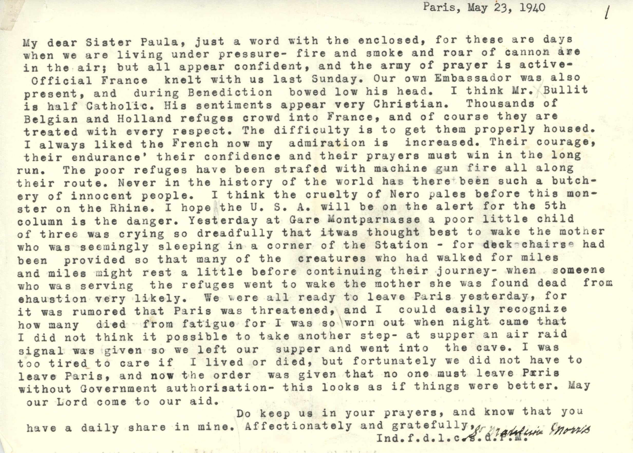 Letter from Sister Madeleine Morris before her exodus from Paris. Sent to the Eastern Province at Emmitsburg, MD.